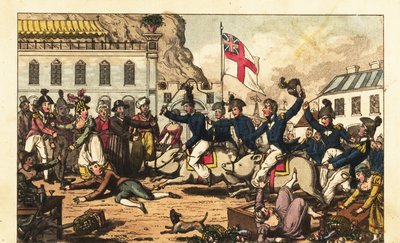 Oficiales de la Marina Real montando cerdos con sillas de montar por el mercado en Gibraltar de Charles (c.1797 1850) (after) Williams
