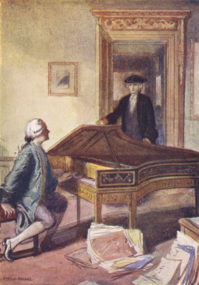 Mozart y el extraño misterioso (litografía en color) de Charles A. Buchel