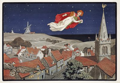 Peter y Wendy volando de Peter Pan de J M Barrie (1860 - 1937) , pub.1904 (litografía en color) de Charles A. Buchel