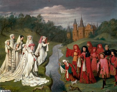 Nueve príncipes y ocho princesas de la Casa de Borgoña cazando un halcón o pescando en el parque de un castillo de Charles Alexandre Debacq
