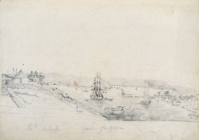 A la derecha, el campamento de los franceses de la expedición de Baudin a la punta de Bennelong, a la izquierda, Sydney, hogar de Nicolas Bayley - lápiz y tinta de Charles Alexandre Lesueur de Charles Alexandre Lesueur