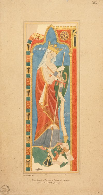 Las Virtudes Largesce y Debonerete (Largesce) 1819 (acuarela con detalle dorado en relieve sobre papel) de Charles Alfred Stothard