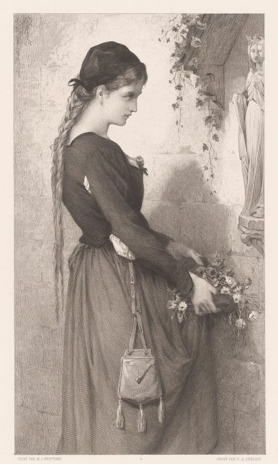 Mujer joven trae flores al nicho con la estatua de María Marguerite (título sobre el objeto) de Charles Alphonse Deblois