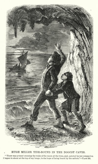 Hugh Miller atrapado por la marea en las Cuevas Doocot (grabado) de Charles Altamont Doyle