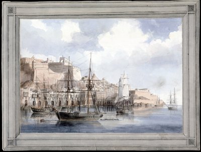 Vista de Malta (el gran puerto de La Valeta con el Fuerte Sant Angelo) - Pintura de Charles Andrew Dyce (1816-1853), acuarela sobre papel (25,1x34,9 cm), hacia 1849 - Universidad de Yale (EE.UU.) de Charles Andrew Dyce
