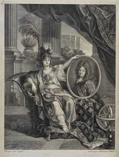 Luis XIV (1638-1715), Rey de Francia, Protector de las Ciencias - grabado por Antoine Coypel en “Historia de la Real Academia de Ciencias” 1703 de Charles Antoine (after) Coypel