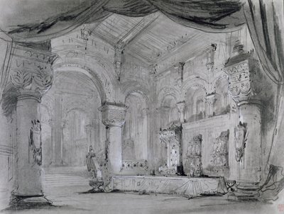 Diseño de escenario del interior del palacio para una representación de la ópera 