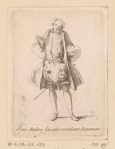 Noble de pie visto de frente Petit Maître faisant semblant de penser (título sobre objeto) Figuras de modos (título de la serie) de Charles Antoine Coypel