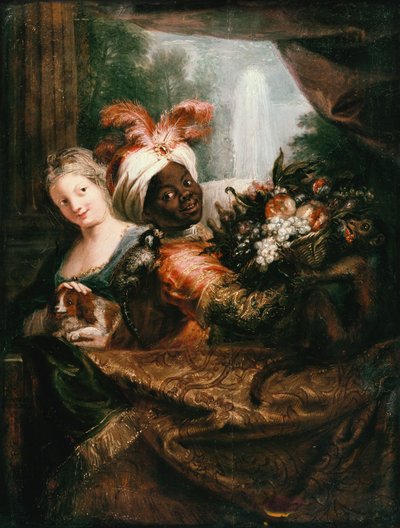 Joven Hombre Negro Sosteniendo una Cesta de Frutas y una Joven Acariciando un Perro de Charles Antoine Coypel