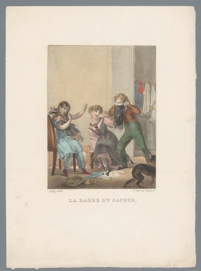 Niño asusta a dos niñas con barbas artificiales La barbe du sapeur (título sobre objeto) Juego de niños y travesuras (título de la serie) Les jeux de l