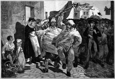 Servicio militar: el sorteo en Borgoña, reclutas cerca de Macon. Grabado de Montbart en El Mundo Ilustre n°1299 del 18 de febrero de 1882 de Charles Auguste Loye