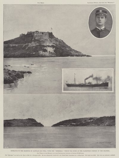 Entrada al puerto de Santiago de Cuba; con el Merrimac que fue hundido en la parte más estrecha del canal de Charles Auguste Loye