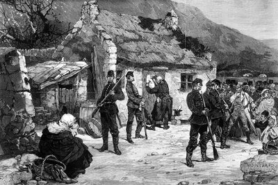 Desalojo de un granjero irlandés por la policía inglesa, impresión realizada por F. Moller, de 