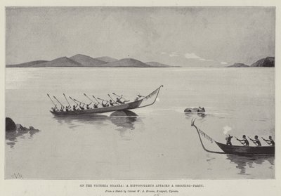 En el Victoria Nyanza, un hipopótamo ataca a un grupo de cazadores de Charles Auguste Loye