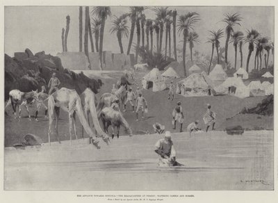 El Avance hacia Dongola, el Cuartel General en Ferket, abrevando Camellos y Caballos de Charles Auguste Loye
