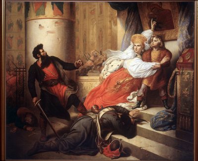 La Madre (Nathalie Narychkine, Natalia Narychkina) (1651-1694) rescatando a Pedro I de Rusia (o Pedro el Grande), cuando era niño, durante el Levantamiento de Streltsy (strelets) en 1682 (La Madre rescató a Pedro I de niño durante el Streltsy Levantamiento de Charles Auguste Steuben