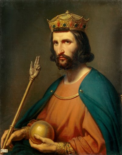 Retrato de Hugo Capeto (941-996), rey de Francia en 987. Sostiene en la mano un globo y un cetro, símbolos de poder de Charles Auguste Steuben