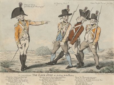 El paso de bloqueo, o entrenamiento para la revisión, 1797 (grabado coloreado) de Charles Aylmer