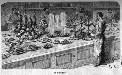 Cocinas del Palais des Tuileries: Preparación de postres durante una recepción bajo el Segundo Imperio. Grabado por Barbant de Charles Barbant