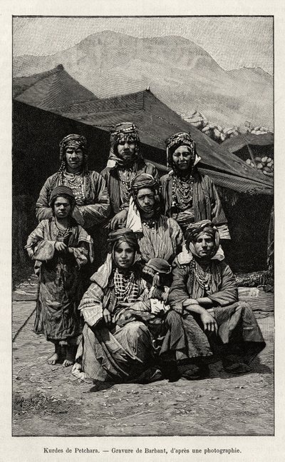 Kurdos de Petchara (Turquía). Grabado por Barbant para ilustrar la historia "A través de la Armenia rusa, Karabagh, valle del Araxe, macizo del Ararat" por Madame B.Chantre, en Le tour du Monde 1892, dirigido por Edouard Charton (1807-1891), Hachette, Parí de Charles Barbant