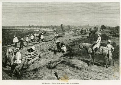 Tendido de los rieles transcaspianos. Grabado por Ch. Barbant para ilustrar la historia Viaje a Merv, por Edgar Boulanger, en le tour du monde 1887, dirigido por Edouard Charton (1807-1890), Hachette, París de Charles Barbant