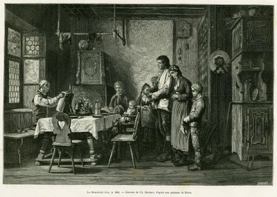 El benedicite. Grabado de Barbant después de una pintura de Brion, para ilustrar la historia A través de Alsacia y Lorena, por Charles Grad, diputado alemán, en 1884, en Le Tour du monde 1886, dirigido por Edouard Charton (1807-1890), Hachette, París. de Charles Barbant