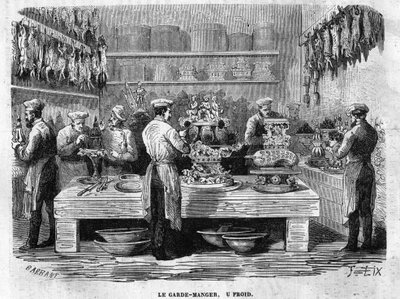 La guardia fría de las cocinas del Palacio de las Tullerías en 1864 durante una recepción bajo el Segundo Imperio. Grabado ardiente de Charles Barbant