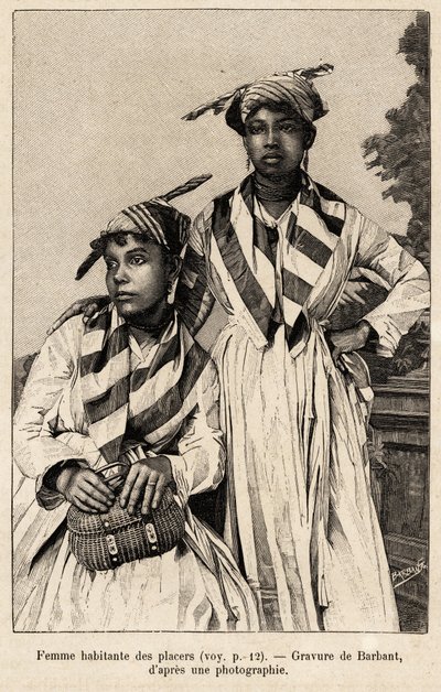 Mujeres viviendo en placeres, depósitos minerales. Grabado por Barbant para ilustrar la historia “chez nos indiens, cuatro años de viaje en la Guayana francesa” de Charles Barbant