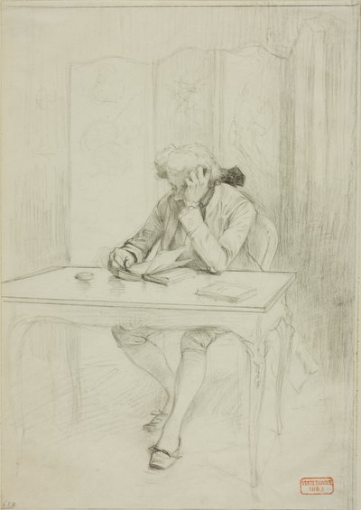 Hombre vestido a la usanza del siglo XVIII, sentado a la mesa y leyendo de Charles Bargue