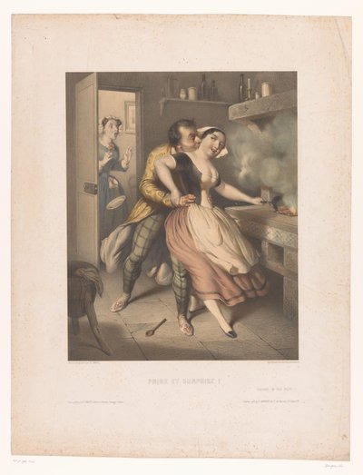 Hombre es atrapado besando a sirvienta de cocina ¡Premio y sorpresa! / ¡Atrapado en el hecho! (título en el objeto) de Charles Bargue