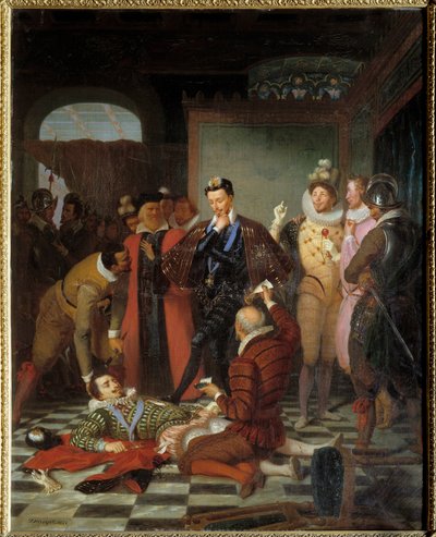 Enrique III, rey de Francia, empuja el cuerpo de Enrique I de Lorena, duque de Guisa, llamado el Balafre (1550-1588) tras su asesinato en el castillo de Blois de Charles Barthelemy Durupt