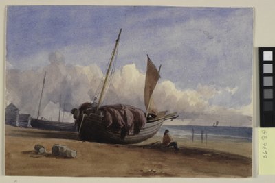 Barco de pesca varado con pescador sentado de Charles Bentley