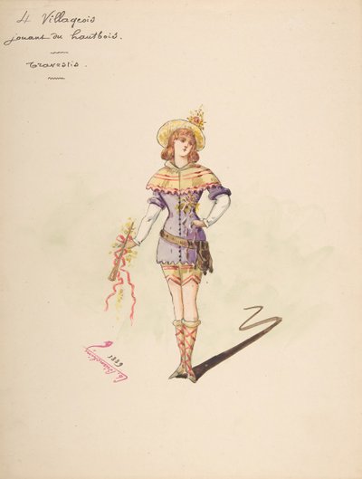 Diseño de Vestuario para 4 aldeanos tocando el oboe, Hoja Descriptiva del Vestuario de Charles Bianchini