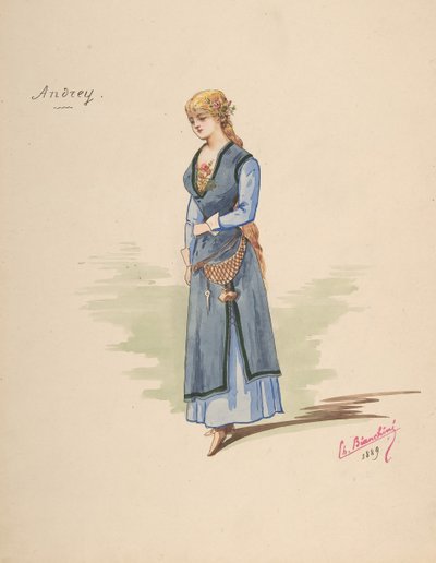 Diseño de vestuario para Andrey [a], hoja descriptiva de accesorios [b], 1889 de Charles Bianchini
