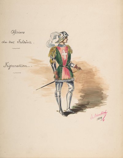 Diseño de vestuario para Oficiales del duque Frédéric, Hoja descriptiva del vestuario, 1889 de Charles Bianchini