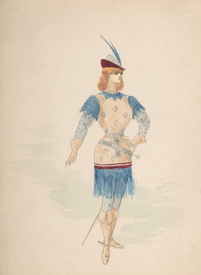 Diseño de Vestuario para un Caballero en Azul y Burdeos con Gorro de Plumas y Espada, s.f. de Charles Bianchini