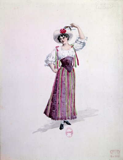 Traje de mujer joven (¿Nedda o Colombina?) para la ópera "Paillasse" (payasos) de Ruggero Leoncavallo (1857-1919) de 1892. Acuarela de Charles Bianchini (1860-1905) de Charles Bianchini