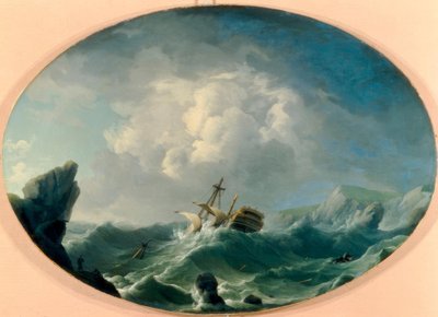 Un barco de guerra británico en mares agitados frente a una costa rocosa de Charles Brooking
