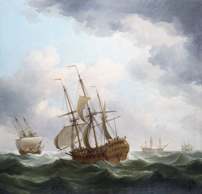 Un barco mercante británico de la Compañía de las Indias Orientales, atrapado por el viento de una tormenta. Óleo sobre lienzo de Charles Brooking