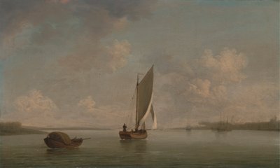 A toda vela con una ligera brisa en un río de Charles Brooking