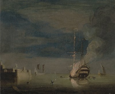 Incendio nocturno de un dos pisos frente a un fuerte de Charles Brooking