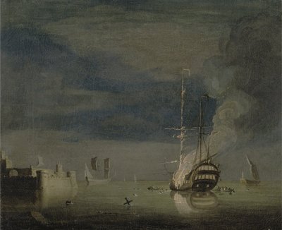 Un barco de dos cubiertas en llamas por la noche frente a un fuerte, c.1740 de Charles Brooking