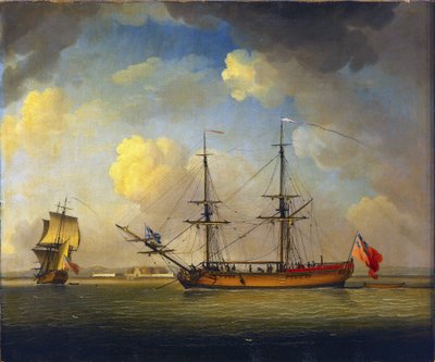 Un buque "Naval Snow", un barco británico con dos mástiles, utilizado para transportar suministros para la Royal Navy, en el horizonte, Fort Tilbury, en el Támesis, Inglaterra. de Charles Brooking