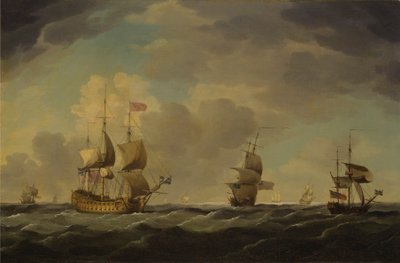 Un buque insignia inglés a vela con viento moderado de Charles Brooking