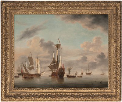 Un barco inglés de dos pisos y cuarenta cañones anclado en la costa con un galeón cerca y cinco hombres de guerra más allá (óleo sobre lienzo) de Charles Brooking