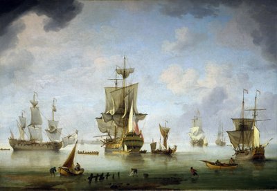 Fondeadero en el Solent, un tramo de mar entre la isla de Wight e Inglaterra. Óleo sobre lienzo de Charles Brooking