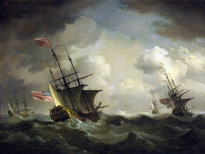 Escuadra británica atrapada por el viento. Óleo sobre lienzo de Charles Brooking