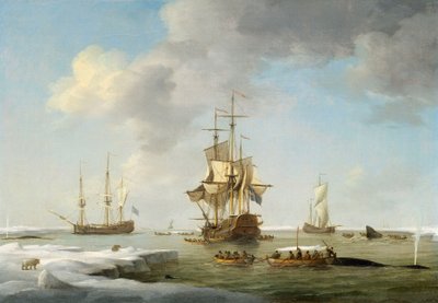 Pesquería de Groenlandia: Balleneros ingleses en el hielo, c.1750 (óleo sobre lienzo) de Charles Brooking