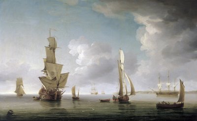 Navegación en el estuario del Támesis (Inglaterra), gran variedad de embarcaciones y descripción de la costa inglesa. Óleo sobre lienzo de Charles Brooking