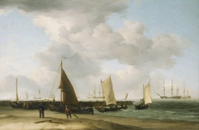 Escena en la orilla, con un edificio bélico en el horizonte. Óleo sobre lienzo de Charles Brooking